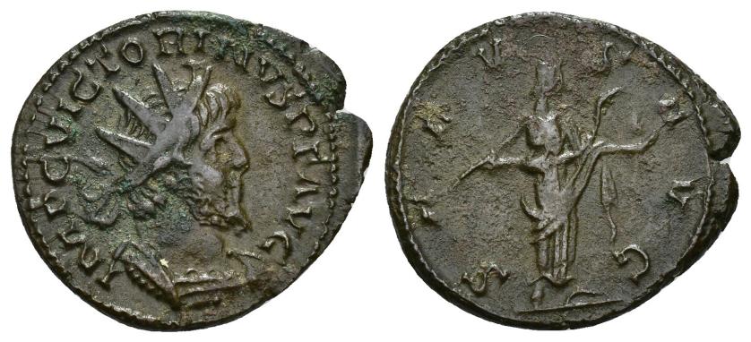 429   -  IMPERIO ROMANO. VICTORINO. Antoniniano. Sur de la Galia (269-271). A/ Busto radiado y acorazado a der.; IMP C VICTORINVS P F AVG. R/ Salus a der. con serpiente; SALVS AVG. VE 3,78 g. 22,3 mm. RIC-67. MBC.