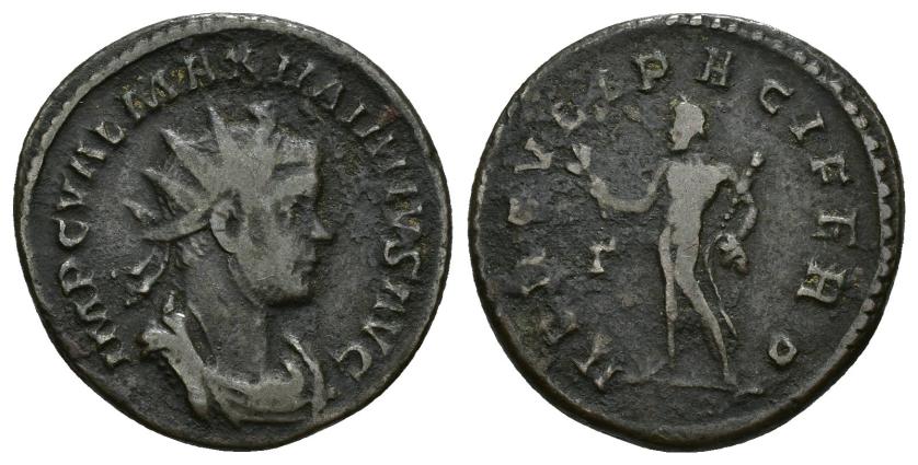 433   -  IMPERIO ROMANO. MAXIMIANO. Antoniniano. Lugdunum (287-288). A/ Busto radiado, drapeado y acorazado a der.; IMP C VAL MAXIMIANVS AVG. R/ Hércules a izq. con rama, clava y leonté; HERCVLI PACIFERO, en campo a izq. G. VE 4,08 g. 22 mm. RIC-372. MBC-/BC+.