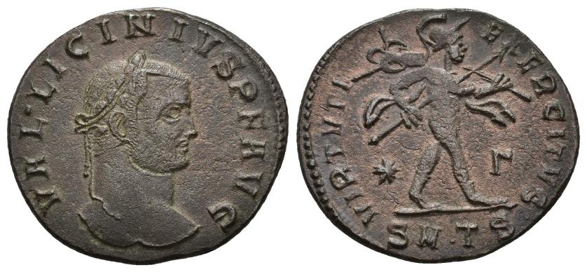 440   -  IMPERIO ROMANO. LICINIO. Follis. Tesalónica (308-310). A/ Cabeza laureada a der.; VAL LICINIVS P F AVG. R/ Virtus avanzando a der. con trofeo y lanza; *-G/SMT; VIRTVTI EXERCITVS. AE 5,87 g. 25,4 mm. RIC-37b. MBC. Ex colección Dattari.