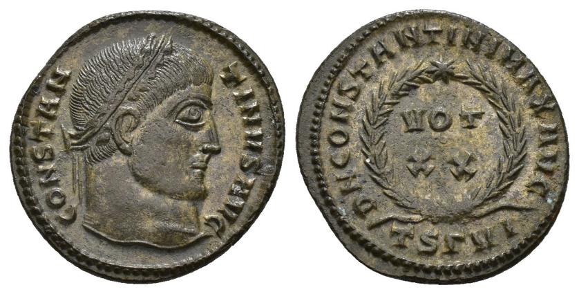 445   -  IMPERIO ROMANO. CONSTANTINO I. Follis. Tesalónica (320). A/ Cabeza laureada a der.; CONSTANTINVS AVG. R/ Láurea rodeando VOT/XX; DN CONSTANTINI MAX AVG, exergo TSGVI. AE 2,66 g. 18,9 mm. RIC-101. EBC-. 