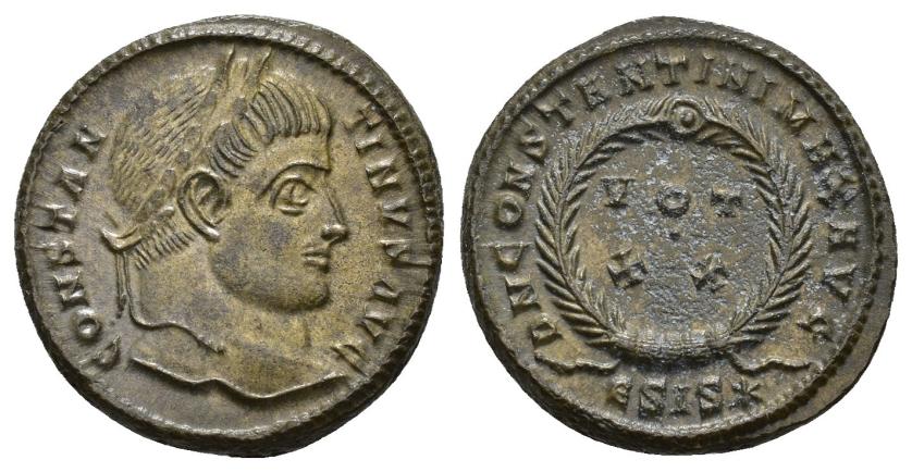 448   -  IMPERIO ROMANO. CONSTANTINO I. Follis. Siscia (320-321). A/ Cabeza laureada a der.; CONSTANTINVS AVG. R/ Láurea rodeando VOT/ XX exergo ESIS*; DN CONSTANTINI MAX AVG. AE 4,51 g. 19,6 mm. RIC-159. EBC.