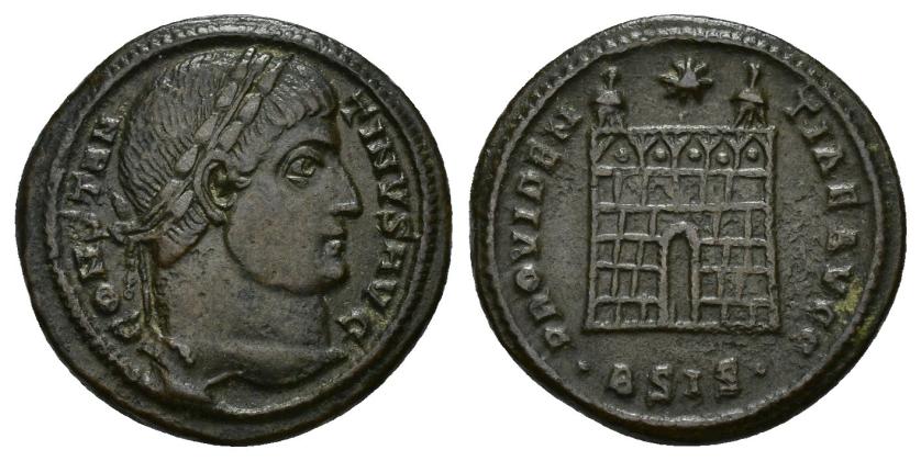 450   -  IMPERIO ROMANO. CONSTANTINO I. Follis. Siscia (326-327). A/ Cabeza laureada a der.; CONSTANTINVS AVG. R/ Puerta de campamento; PROVIDEN-TIAE AVGG, exergo .BSIS. . AE 3,56 g. 19 mm. RIC-200. MBC+. 