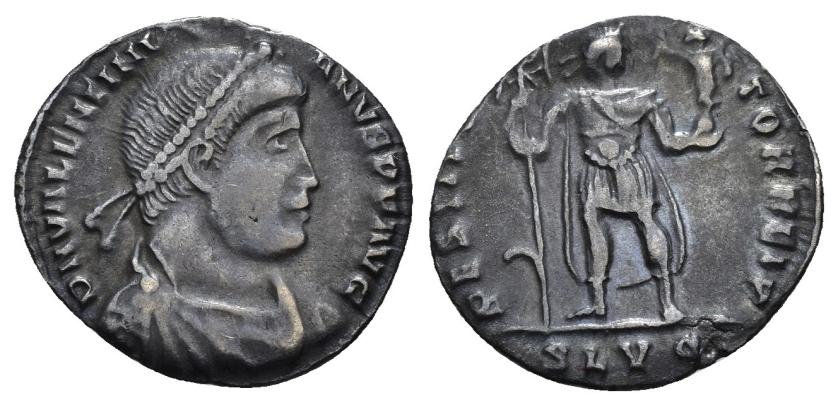 464   -  IMPERIO ROMANO. VALENTINIANO I. Silicua. Lugdunum (364-367). A/ Busto diademado, drapeado y acorazado a der.; D N VALENTINI-ANVS P F AVG. R/ El emperador a der. con labarum y Victoria sobre globo; PERTI(TV)-TOR REIP, exergo SLVG. AR 1,63 g. 17,8 mm. RIC-6A. MBC-/MBC.