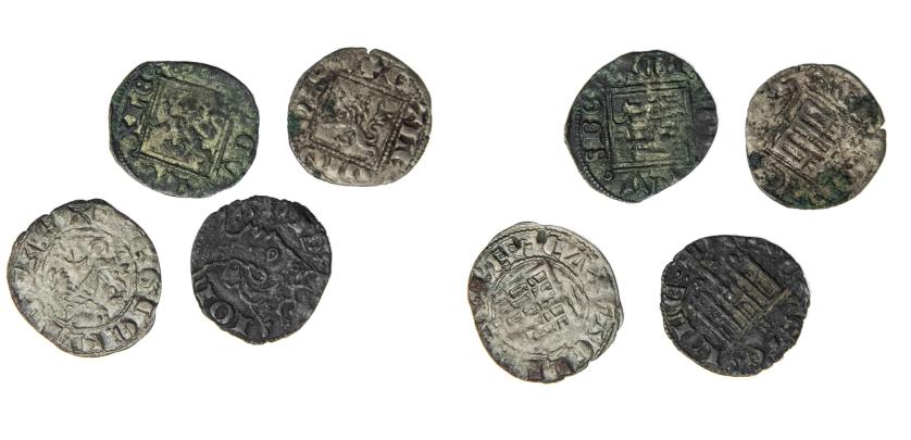 478   -  REINOS DE CASTILLA Y LEÓN. Lote de 4 piezas: Juan I, Enrique II, Fernando IV y Alfonso XI. Cornado, novén (2) y dinero. Calidad media MBC.