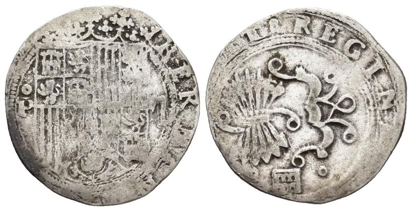 503   -  REYES CATÓLICOS. 2 reales. Segovia. P. Pº-II en anv. AR 5,42 g. 26,1 mm. AC-507. BC/BC+. Muy escasa.
