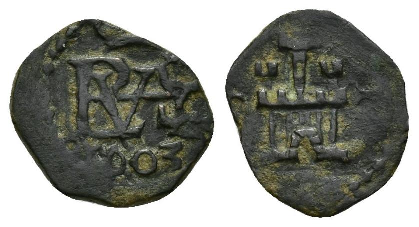 507   -  FELIPE III. Maravedí. 1603. Cuenca. AE 0,81 g. 13,2 mm. AC-104. MBC-. Muy rara.