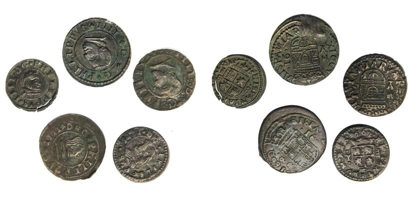 512   -  FELIPE IV. Lote de 5 monedas 16 maravedís (3) y 8 maravedís (2). MBC-/MBC+.