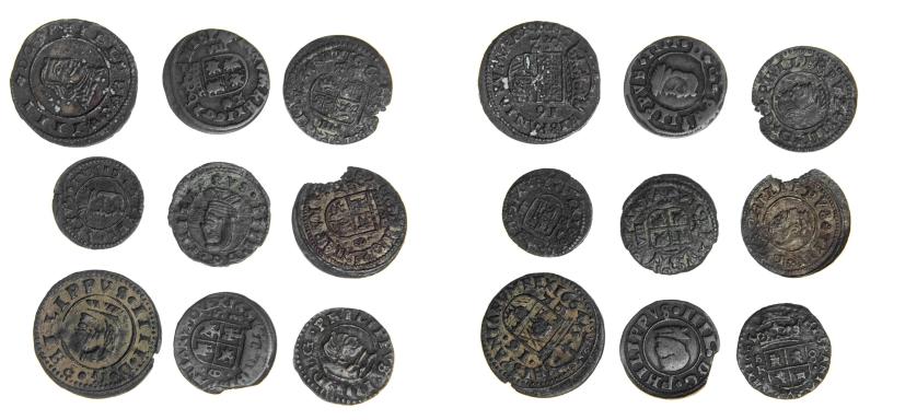 515   -  FELIPE IV.  Lote de 9 monedas 4 maravedís (1), 8 mrs. (6) y 16 mrs. (2). 6 cecas diferentes. Calidad media MBC-/MBC.