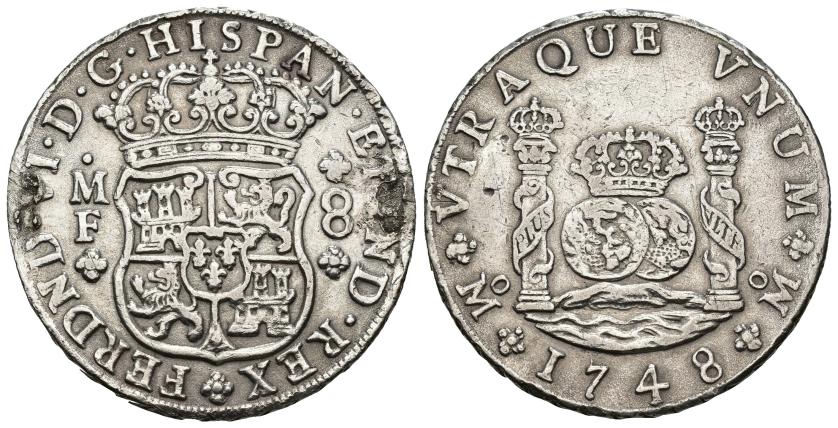 527   -  FERNANDO VI. 8 reales. 1748. México MI. AR 26,8 g. 38,6 mm. VI-356. Dos soldaduras en rev. MBC.