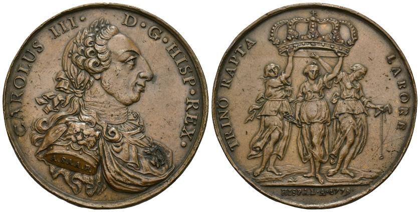 528   -  CARLOS III. Medalla. Premio Escuela de Nobles Artes de Sevilla.  1778. Grabador A. Saa. AE 56,03 g. 52 mm. Múltiples golpecitos. EBC-. 