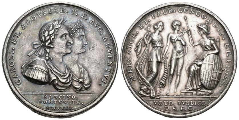 530   -  CARLOS IV. Medalla. 1802. Viaje de los reyes a Barcelona. AR 52,22 g. 47 mm. Pequeñas marcas. MBC+.
