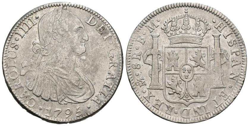 533   -  CARLOS IV. 8 reales. 1795. México. AR 26,9 g. 39,2 mm. VI-791. Pequeñas marcas. Vano en rev. MBC/MBC+.