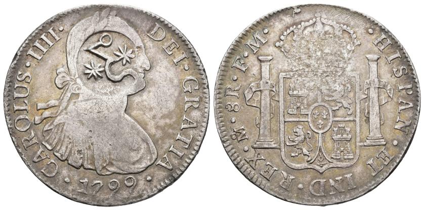 534   -  CARLOS IV. 8 reales. 1799. México. Resello Morelos. AR 26,70 g. 39,3 mm. VI-795. MBC.