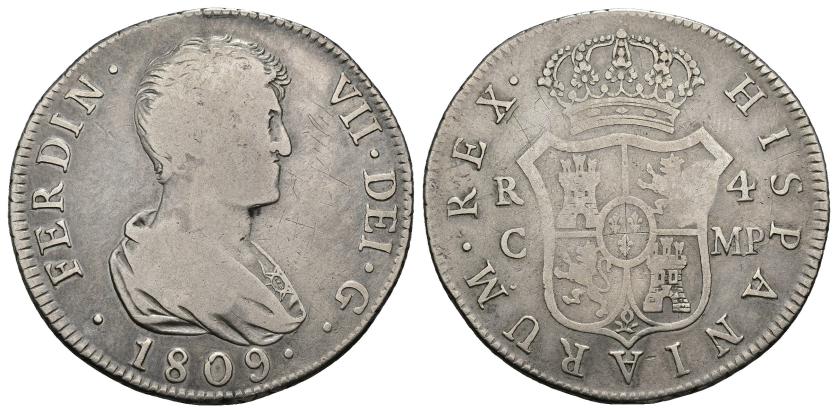 539   -  FERNANDO VII. 4 reales. 1809. Cataluña. MP. AR 13,15 g. 32,9 mm. VI-836. Finas rayas. BC+. Rara.