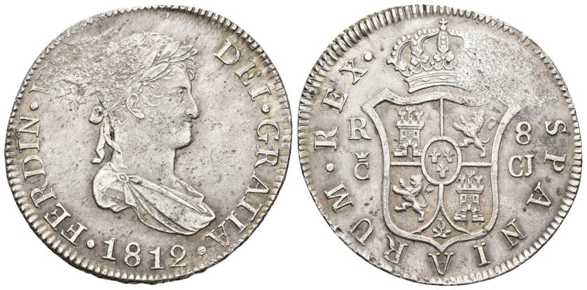 540   -  FERNANDO VII. 8 reales. 1812. Cádiz. CJ. AR 26,61 g. 42,6 mm. VI-952. Amplios vanos en anv. y rev. MBC+.