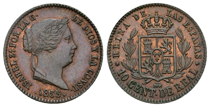 543   -  ISABEL II. 10 céntimos de real. 1855. Segovia. Cu 3,88 g. 20 mm. VI-132. R.B.O. EBC.