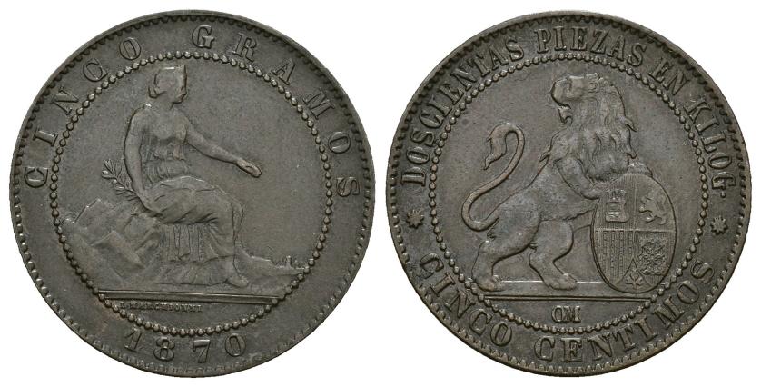547   -  GOBIERNO PROVISIONAL. 5 céntimos. 1870. OM. Cu 4,90 g. 25,1 mm. VII-3. MBC/MBC+.