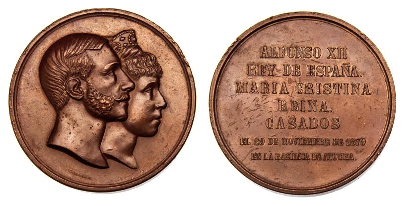 548   -  ALFONSO XII. Medalla. Boda de Alfonso XII y María Cristina. 1879. Bronce 71 mm. Grabador: G. Sellan. MPN-863.