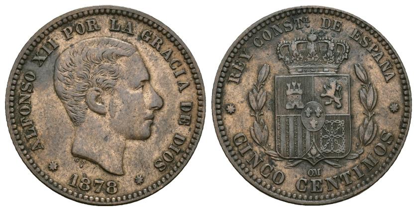 549   -  ALFONSO XII. 5 céntimos. 1878. Barcelona. OM. Cu 5,08 g. 25,2 mm. VII-43. R.B.O. MBC+/MBC.