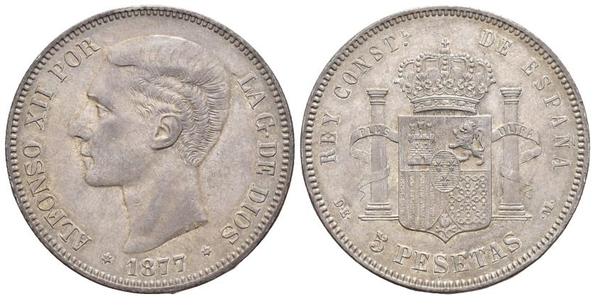550   -  ALFONSO XII. 5 pesetas. 1877 *18-77. Madrid. DEM. AR 25,21 g. 37,3 mm. VII-83. Pátina gris. EBC/EBC+.