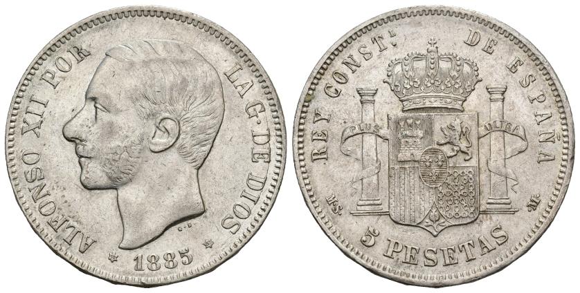 551   -  ALFONSO XII. 5 pesetas. 1885. Madrid. MSM. AR 24,56 g. 37,5 mm. VII-91. Pequeñas marcas. MBC.