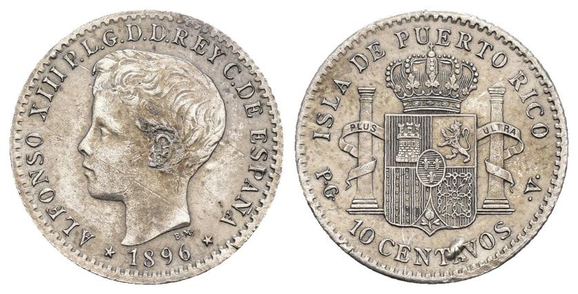 559   -  ALFONSO XIII. 10 centavos de peso. 1896. Puerto Rico. PGV. AR 2,51 g. 18 mm. VII-149. Ligero exceso de metal en rev. y rayitas en anv. MBC+/MBC.