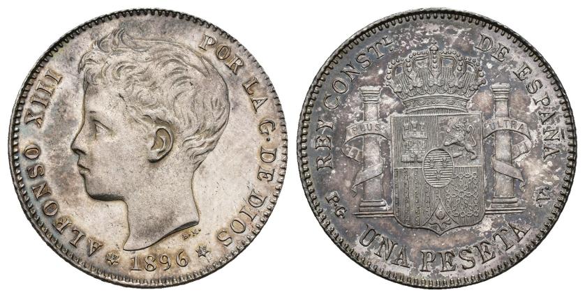 560   -  ALFONSO XIII. 1 peseta. 1896 *18-96. PGV. AR 5,01 g. 23 mm. VII-154. Ligeramente abrillantada. EBC+.