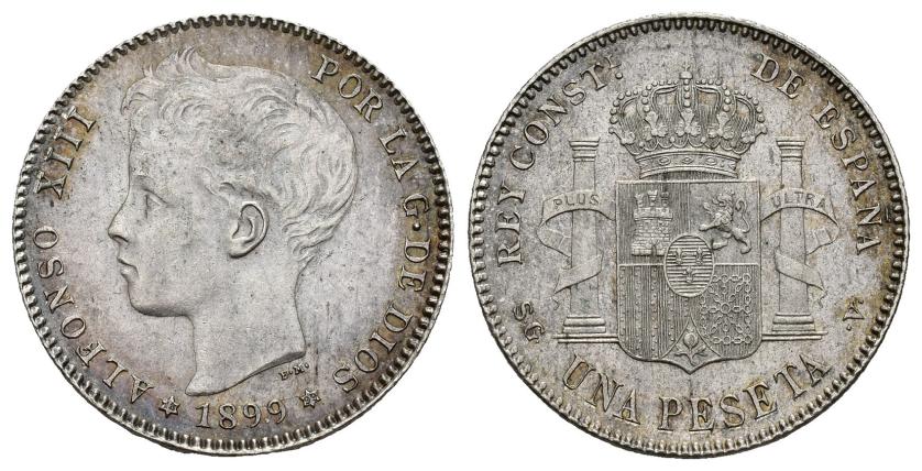 561   -  ALFONSO XIII. 1 peseta. 1899 *18-99. SGV. AR 5,05 g. 22,9 mm. VII-155. Gran parte B.O. EBC+/SC-.