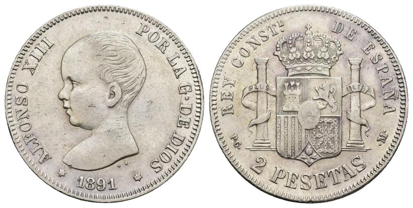 562   -  ALFONSO XIII. 2 pesetas. 1891*91. Madrid. PGM. AR 9,99 g. 27,1 mm. VII-172. Limpiada. MBC+/MBC.