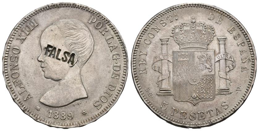 565   -  ALFONSO XIII. 5 pts. 1889*18-96. Madrid. SGV. Falsa de época en plata con resello FALSA. AR 25,16 g. 37,4 mm. EBC-. 