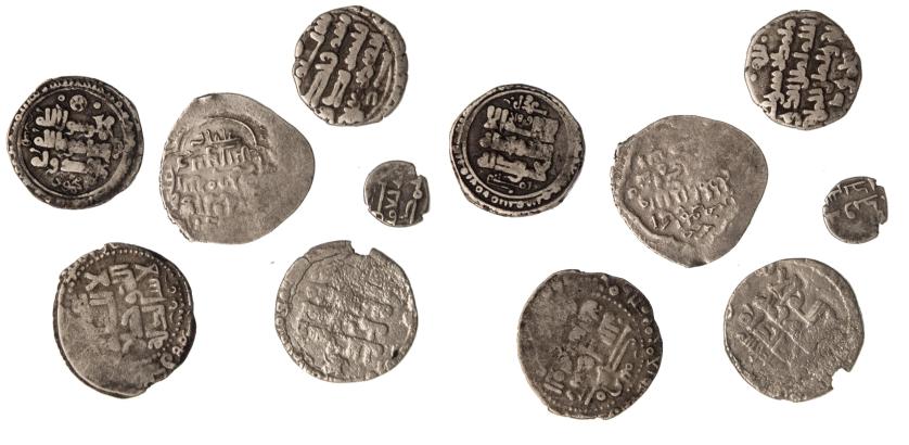 590   -  MONEDAS EXTRANJERAS. MUNDO ISLÁMICO. Lote de 6 monedas emires de Sind (fracción de dinar), gaznavíes (4 dírhems) y mogoles (1/4 de tanka). BC+/MBC-.