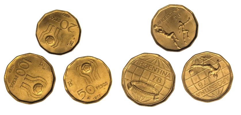 598   -  MONEDAS EXTRANJERAS. ARGENTINA. Lote de 3 monedas. Mundial 1978. 100, 50 y 20 pesos de 1977. SC.