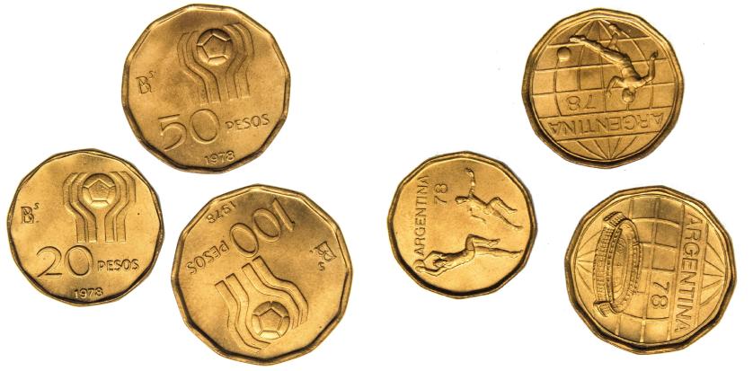 599   -  MONEDAS EXTRANJERAS. ARGENTINA. Lote de 3 monedas. Mundial 1978. 100, 50 y 20 pesos de 1977. SC.