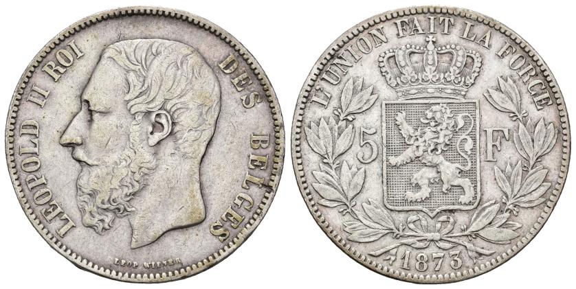 603   -  MONEDAS EXTRANJERAS. BÉLGICA. Leopoldo II. 5 francos. Bruselas. 1873. AR 24,71 g. 37 mm. KM-24. MBC-/MBC.