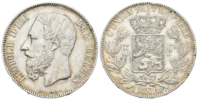 604   -  MONEDAS EXTRANJERAS. BÉLGICA. Leopoldo II. 5 francos. Bruselas. 1875. AR 25,01 g. 37 mm. KM-24. Golpe en canto. MBC+.