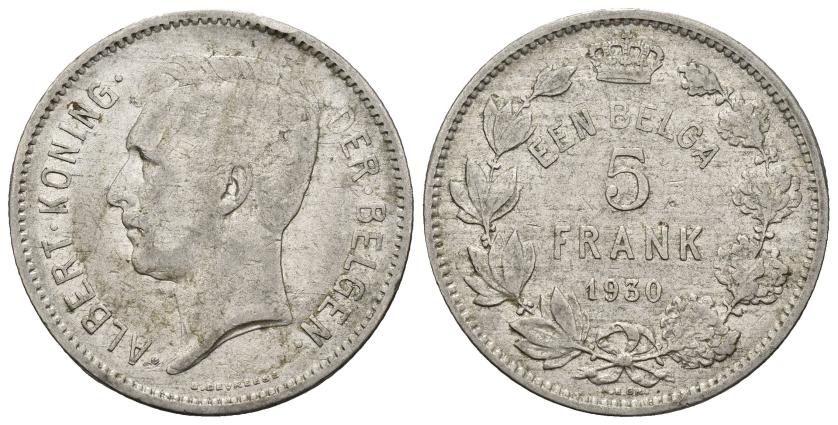 605   -  MONEDAS EXTRANJERAS. BÉLGICA. Alberto I. 5 francos. 1930. AR 14,38 g. 31 mm. KM-no. MBC-/MBC.