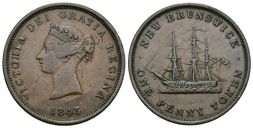 613   -  MONEDAS EXTRANJERAS. CANADÁ. 1 penny token. 1843. New Brunswick. Cu 17,30 g. 34,1 mm. KM-2. MBC/MBC+.