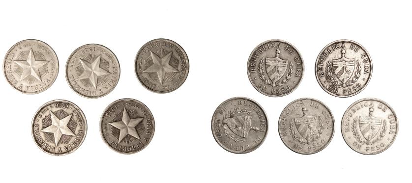 620   -  MONEDAS EXTRANJERAS. CUBA. Lote de 5 piezas de 1 peso: 1915, 1916, 1932, 1933 y 1934. Colección completa. KM-15.2. MBC/MBC+.