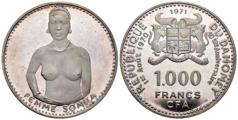 623   -  MONEDAS EXTRANJERAS. DAHOMEY. 1000 francos. 1970. 10 Aniversario de su Independencia. AR 50,91 g. 55,1 mm. KM-4.1. Prueba.