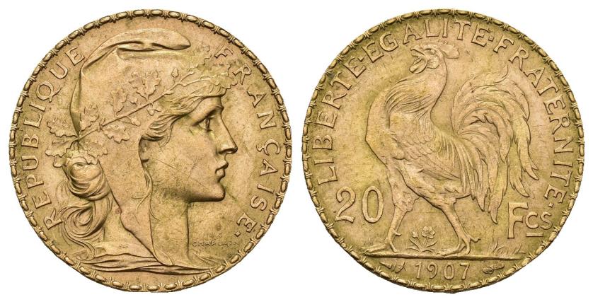 638   -  MONEDAS EXTRANJERAS. FRANCIA. 20 francos. 1907. AU 6,46 g. 21 mm. KM-857. EBC.