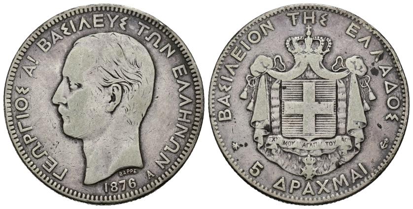 646   -  MONEDAS EXTRANJERAS. GRECIA. Jorge I. 5 dracmas. 1876. AR 24,74 g. 37,2 mm. KM-46. MBC-.