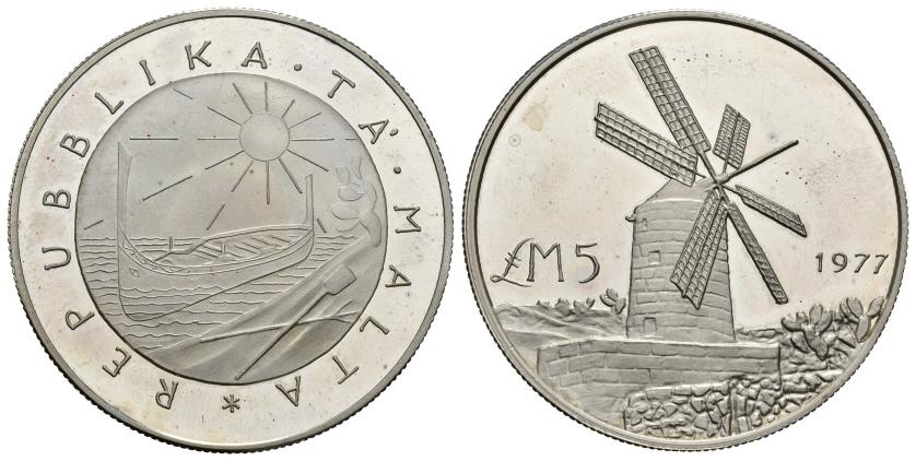 655   -  MONEDAS EXTRANJERAS. MALTA. 5 libras. 1977. Molino de viento. AR KM-47. Proof. Muy escasa.