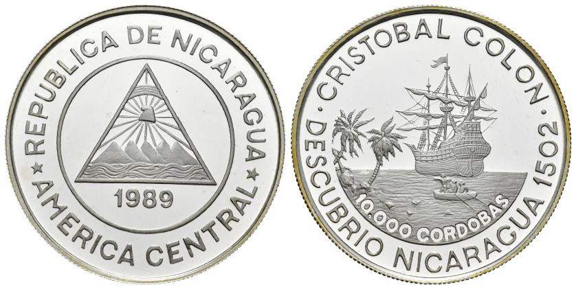 658   -  MONEDAS EXTRANJERAS. NICARAGUA. 10000 córdobas. 1989. Colón descubrió Nicaragua. AR KM-64. Proof. Escasa.