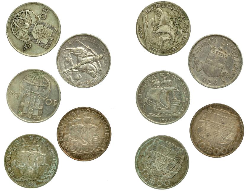 663   -  MONEDAS EXTRANJERAS. PORTUGAL. Lote de 5 monedas de 10 escudos. 1928, 1932, 1940, 1954 y 1955. MBC/MBC+.