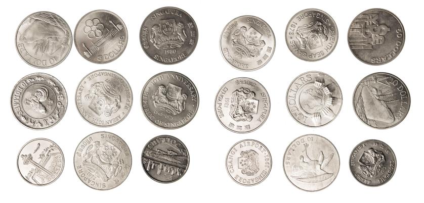 677   -  MONEDAS EXTRANJERAS. SINGAPUR. Lote de 9 monedas: 50 dólares, 1980; 10 dólares (5: 1972, 1975, 1976, 1977 y 1981); 5 dólares (3: 1973, 1981 y 1982). SC.
