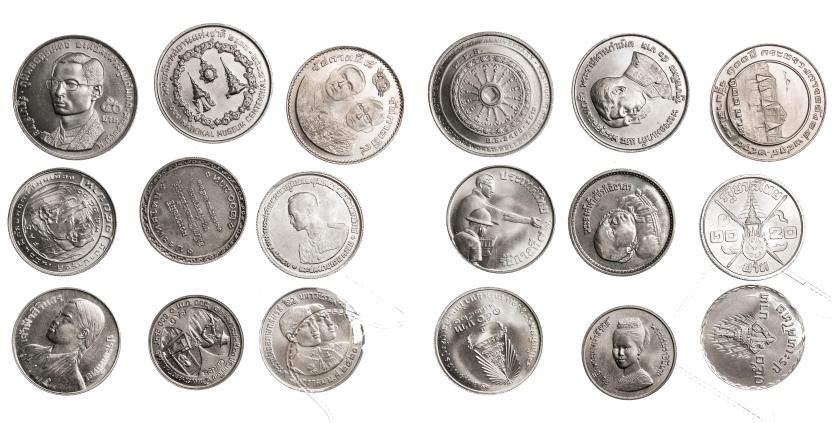 684   -  MONEDAS EXTRANJERAS. TAILANDIA. Lote de 9 monedas: 600 baht 1980; 200 baht, 1979; 100 baht, 1975; 150 baht (3: 1977); 50 baht (2: 1971 y 1974); 20 baht, 1963. Todas diferentes. EBC/SC.
