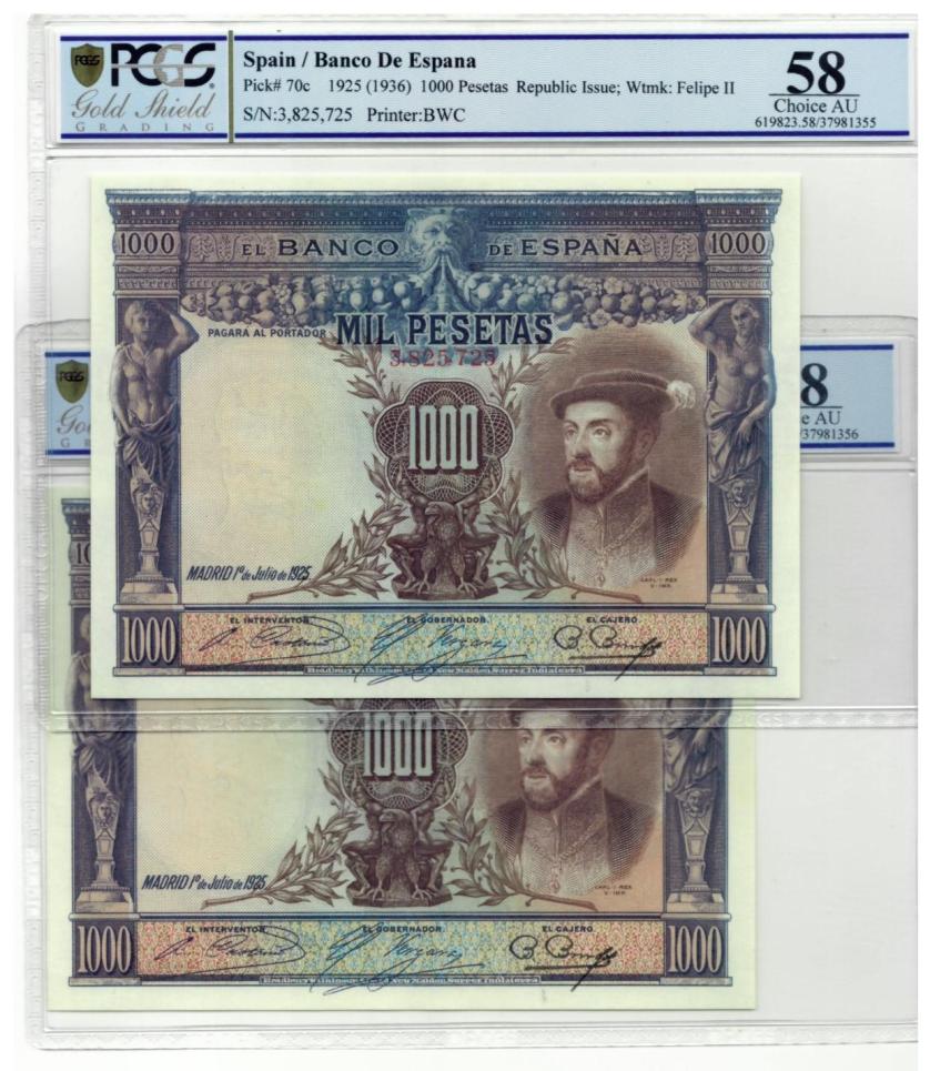 692   -  BILLETES ESPAÑOLES. Lote de 2 billetes. 1000 ptas. 1 de julio 1925. Pareja correlativa. 5/5. ED-C2. PCGS CHOICE AU 58 ambos.