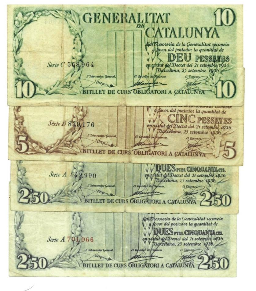 693   -  BILLETES ESPAÑOLES. Generalitat de Catalunya. Serie de 4 billetes 1936: 2,5 pts. Serie A en rojo y en negro; 5 pts. serie B y 10 pts. serie C. ED-C 23 a 25. De BC+ a MBC.