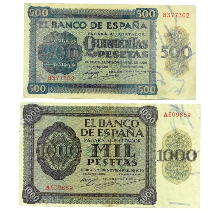 694   -  BILLETES ESPAÑOLES. Lote de 2 billetes: 500 y 1000 pts. 11-1936. Series B y A. ED-D23 y 24. BC y MBC con ligera restauración.