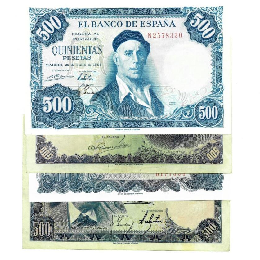 696   -  BILLETES ESPAÑOLES. Lote de 4 billetes de 500 pts. 1946-1971. ED-D 53 BC+; 61a BC+; 69b SC y 74 SC sin serie.